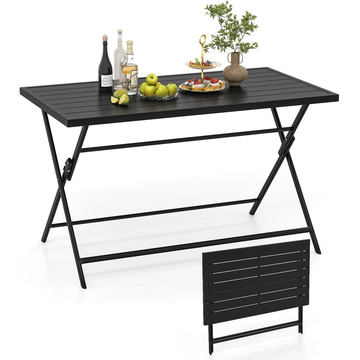 Tangkula Foldable Outdoor Dining Table 48inch x 30inch Rectangular Metal Patio Table with Slatted Tabletop